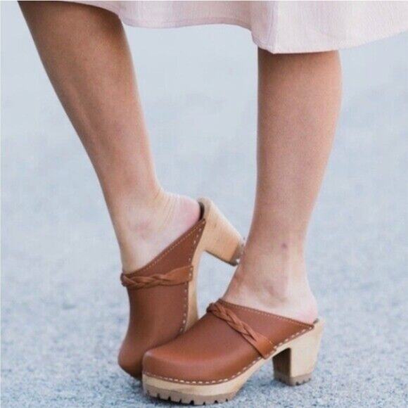 MIA Elsa Luggage Wood Clogs Women's Sz 37/US 7 Tan Italian Leather Swedish Lug - Picture 1 of 13